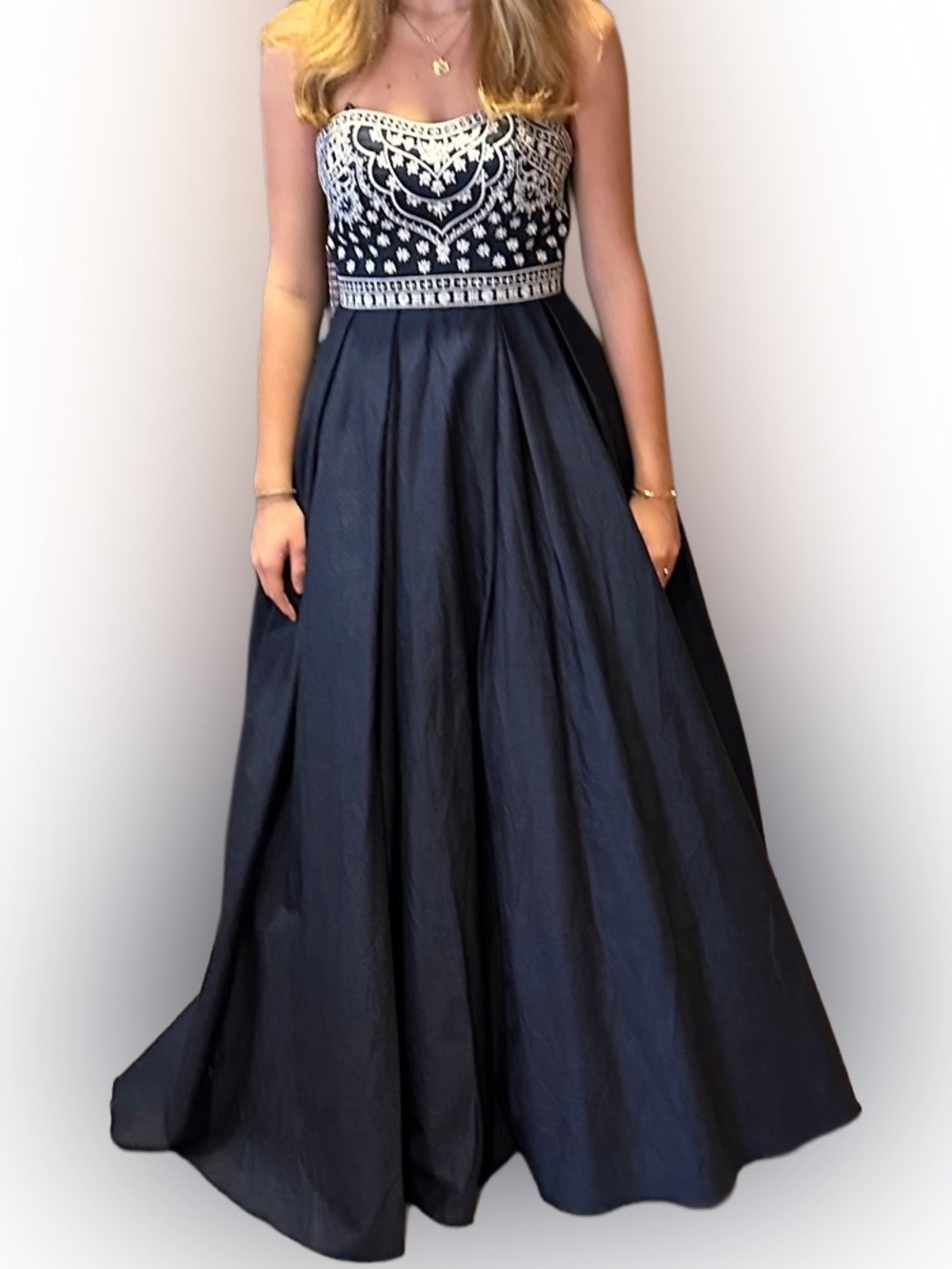 Betsy and Adam Stunning Strapless Denim Blue Princess Gown w/ Embroidered Bodice